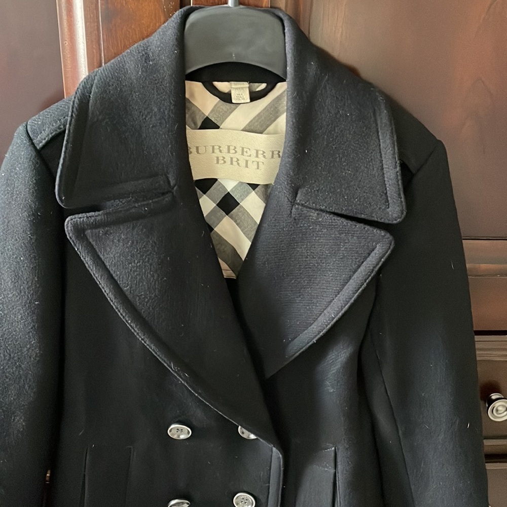 Burberry Brit Tumble Bridge wool blend black pea coat, size 2 - Picture 2 of 11